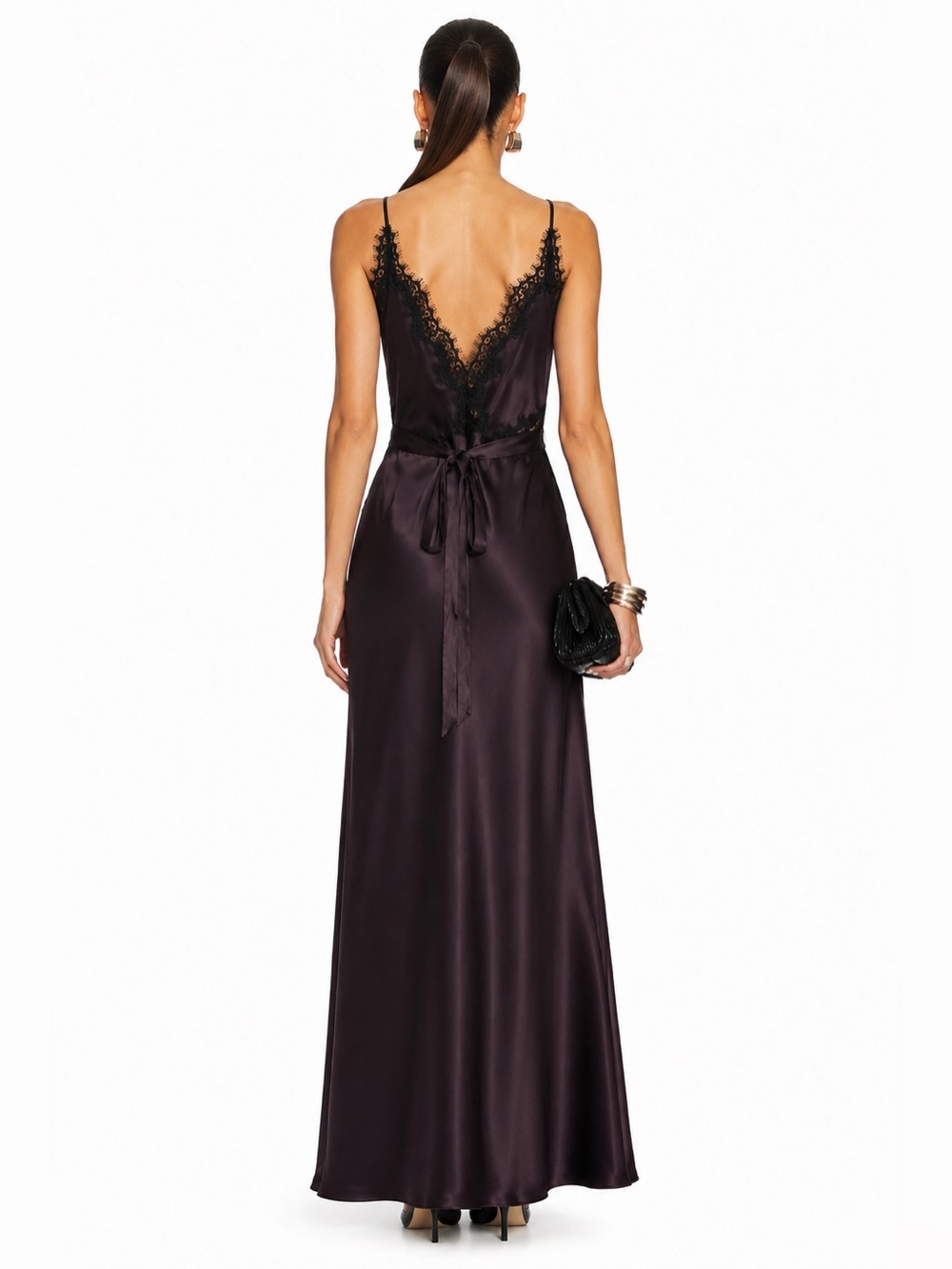 House of Harlow 1960 Plum Maxi Slip Dress with Black Lace Trim - Picture 2 of 12